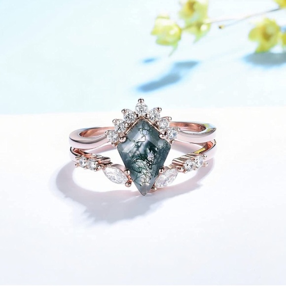14k Rose Gold Vintage Kite Moss Agate Diamond Engagement Wedding Rings - Picture 2 of 12